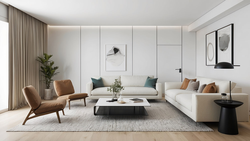 Nowoczesny salon z minimalistycznym projektem i przytulną atmosferą – Rezideo doradztwo mieszkaniowe
